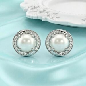 Classic Pearl & Crystal Swirl Halo Stud Earrings in Sterling Silver