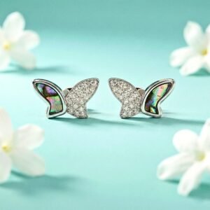 Butterfly Stud Earrings with Iridescent Abalone Shell & Pave Cubic Zirconia