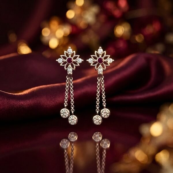 Silver Ruby-Tone Floral Double Drop Earrings