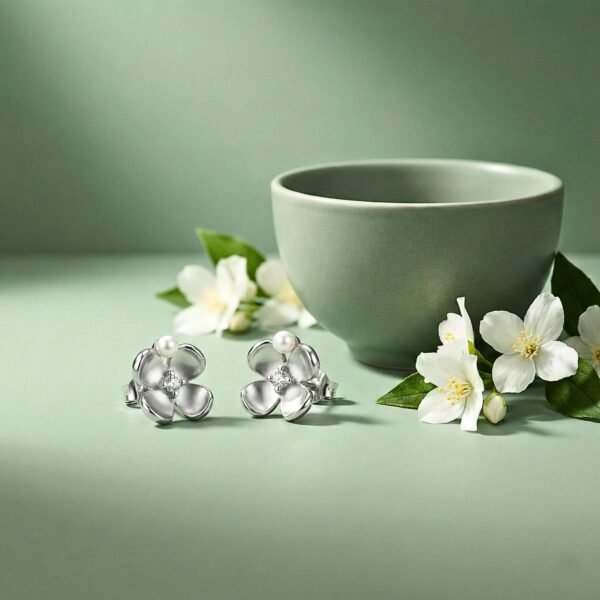 Four Petal Flower Stud Earrings with Pearl & Cubic Zirconia