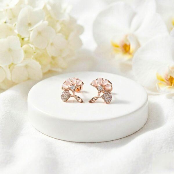 Ginkgo Leaf Stud Earrings with Pink Pearlescent Stones & Pave Crystals