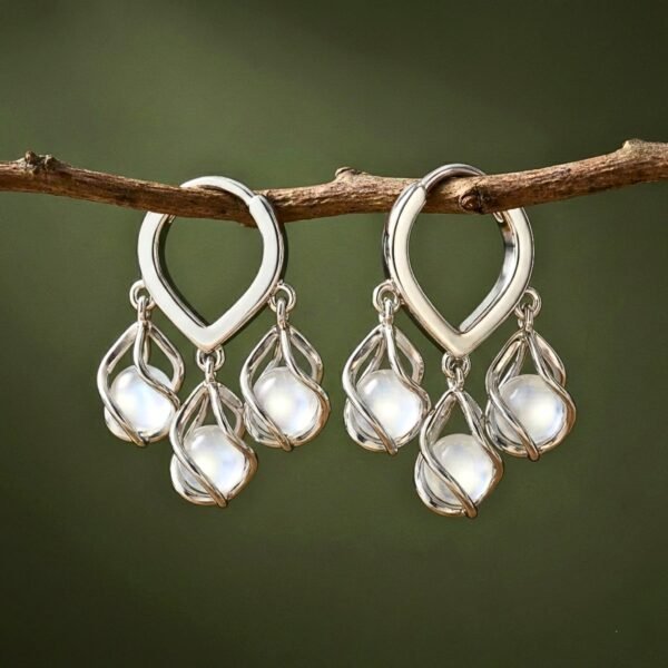 Moonstone Triple Drop Earrings – Sculptural Spiral Cage Design