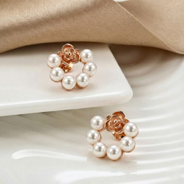 Pearl Wreath Stud Earrings with Sculpted Rose Accent