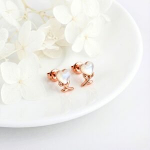Heart Stud Earrings with Glowing Pearlescent Moonstone & Ribbon Detail