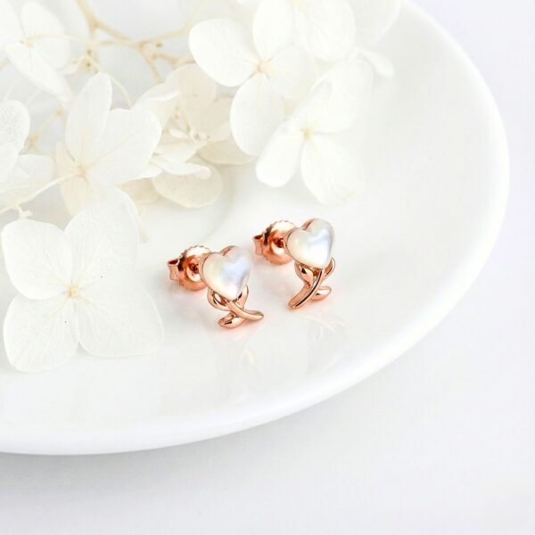Heart Stud Earrings with Glowing Pearlescent Moonstone & Ribbon Detail