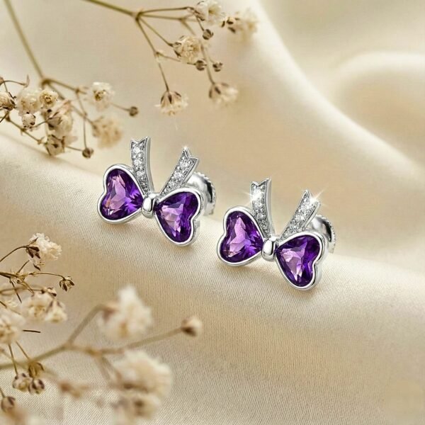 Purple Heart Bow Stud Earrings – Amethyst Crystal Ribbon Design with Cubic Zirconia Accents