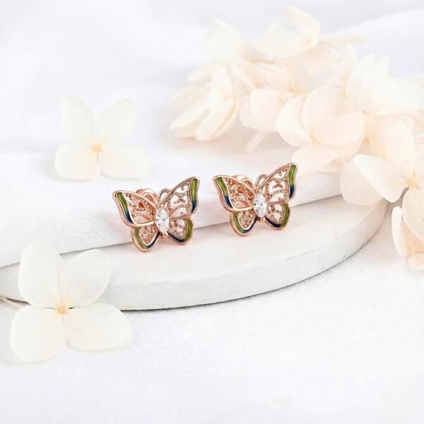 Filigree Butterfly Stud Earrings with Green Enamel & Marquise Crystal