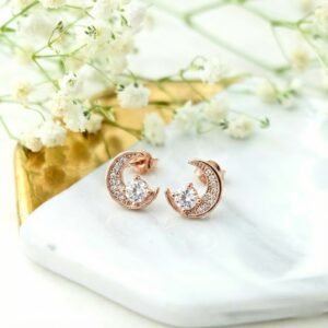 Rose Gold Plated Crescent Moon Stud Earrings with Sparkling Cubic Zirconia