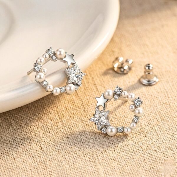 Star & Pearl Wreath Stud Earrings with Sparkling Crystal Accents