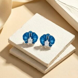 Sterling Silver Blue Enamel Orchid Stud Earrings with Sparkling CZ Center