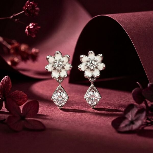 White Enamel Cherry Blossom Drop Earrings with Dazzling CZ Solitaire