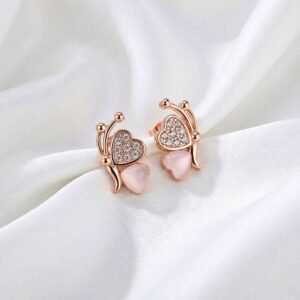 Heart Butterfly Stud Earrings with Pink Opal & Pave Crystals