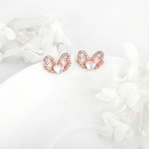 Winged Heart Stud Earrings with Pave Cubic Zirconia & Pearlescent Center