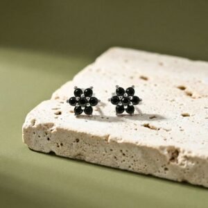 Sterling Silver Black Floral Stud Earrings