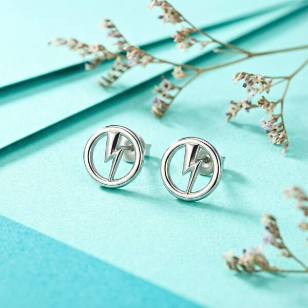 Sterling Silver Circle Lightning Bolt Stud Earrings